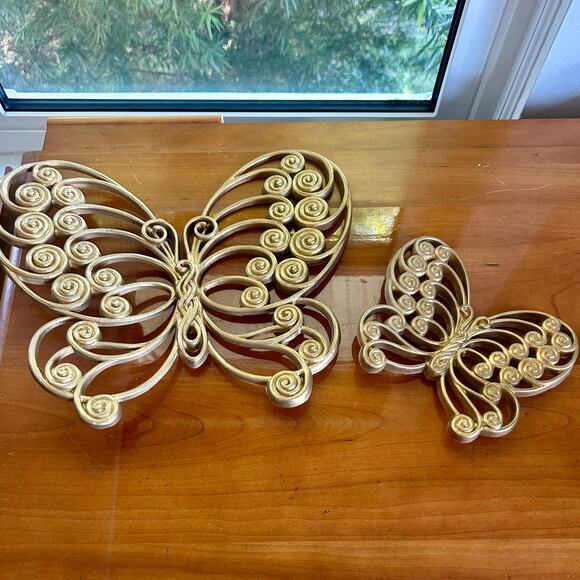 Mid Century Modern Burlwood Butterfly Wall Art Set of 2 - Picture 1 of 16